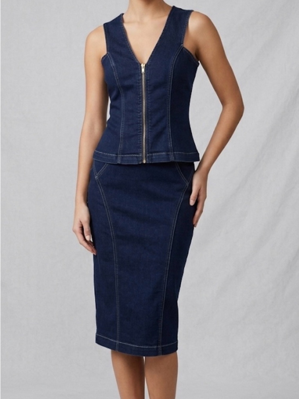 Dark Wash Denim Zip Vest & Midi Skirt Set | Chic Y2K Co-Ord Outfit.